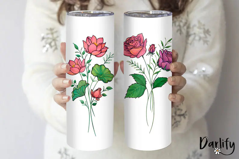 Personalized Birth Flower Skinny Tumbler – Custom Name Floral Cup, 20 oz