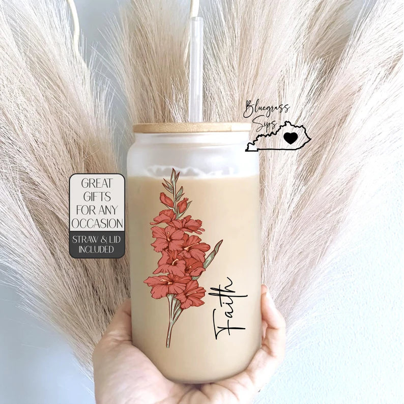 Personalized Birth Flower Glass Cup – Custom Family Tumbler