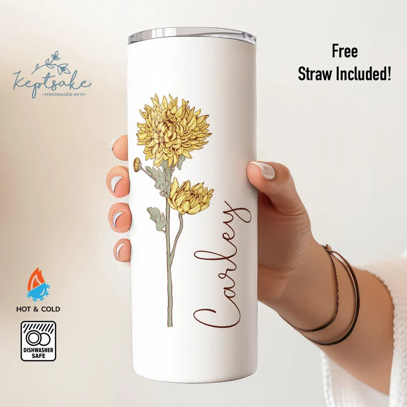 Personalized Slim Tumbler with Birth Flower & Name – 20oz Elegant Custom Cup