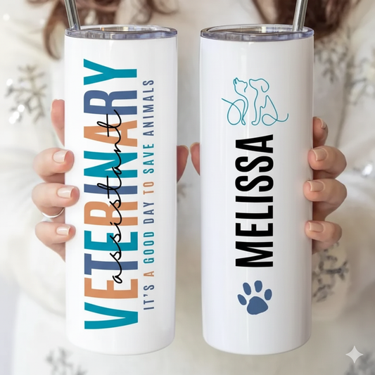 Personalized Vet Assistant Tumbler – Custom Animal Care Cup with Name & Paw Print Design