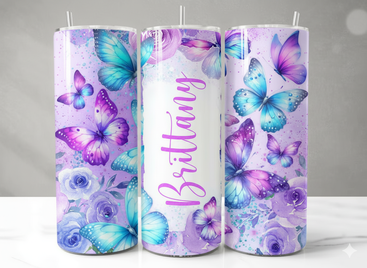 Personalized Butterfly Bliss 20oz Tumbler – Glittery Blue & Purple Skinny Cup with Name 💜🦋