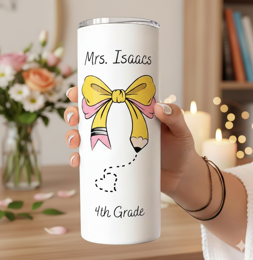 Personalized Teacher Tumbler – 20oz Custom Cup with Name & Colorful School Design