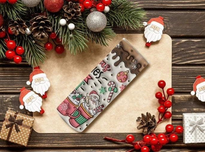 20 oz Christmas tumbler with Santa Claus, candy canes, hot chocolate and festive holiday decorations. Perfect reusable holiday gift cup for coffee, tea, or cocoa.