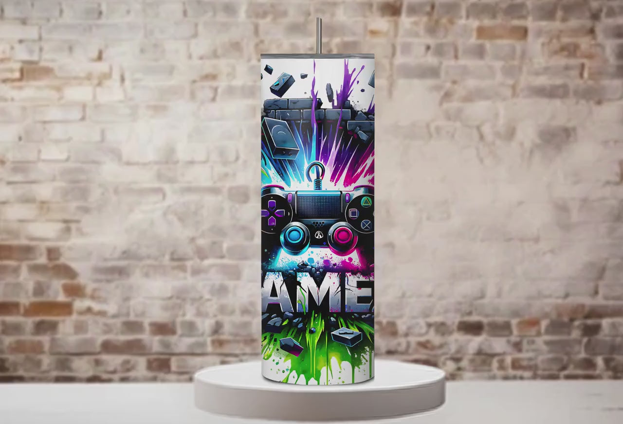 Neon Gamer 20 oz Skinny Tumbler – Insulated Cup with Electric Gaming