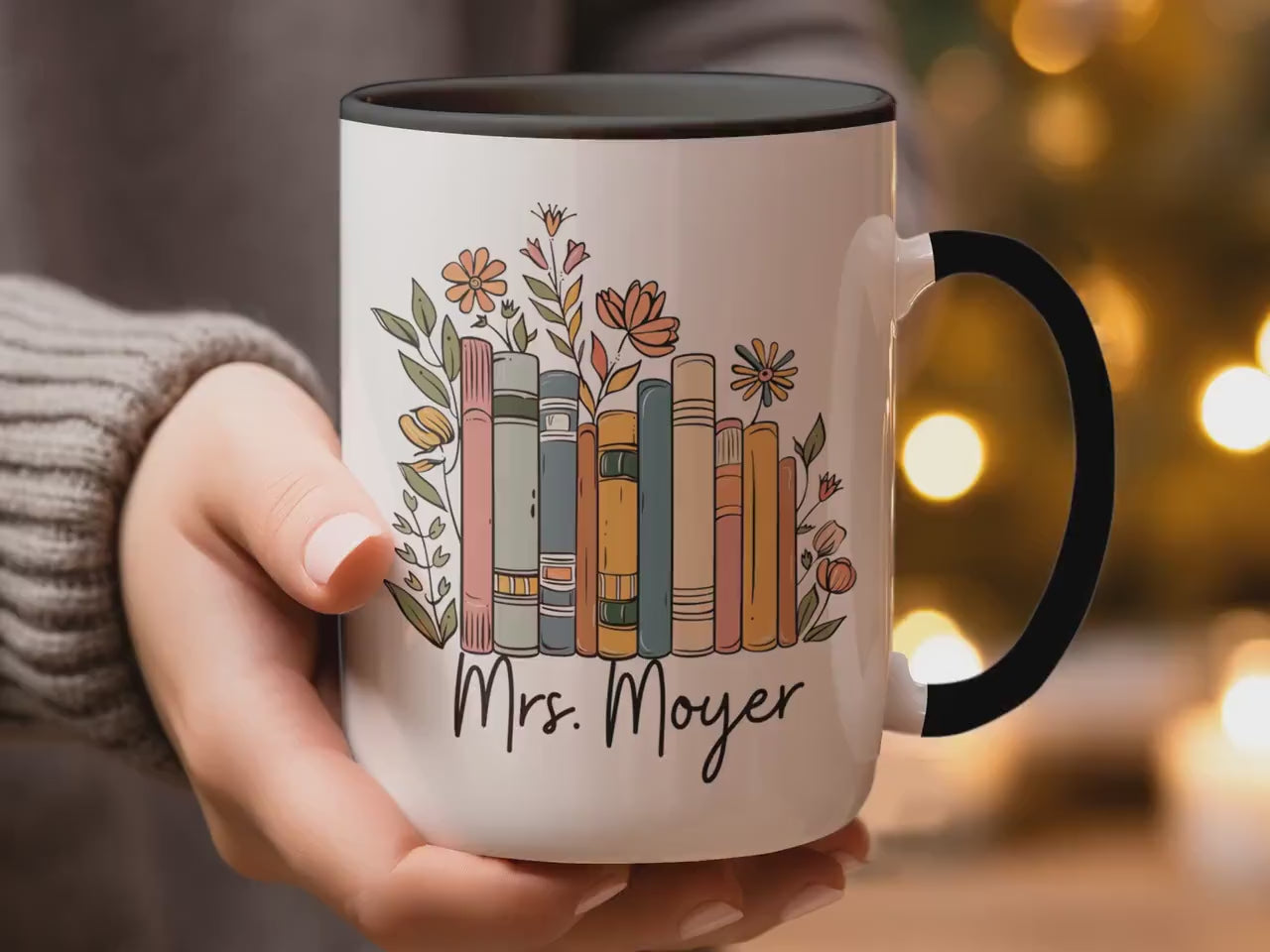 Personalized Floral Book Lover Mug – Custom Name Coffee Cup