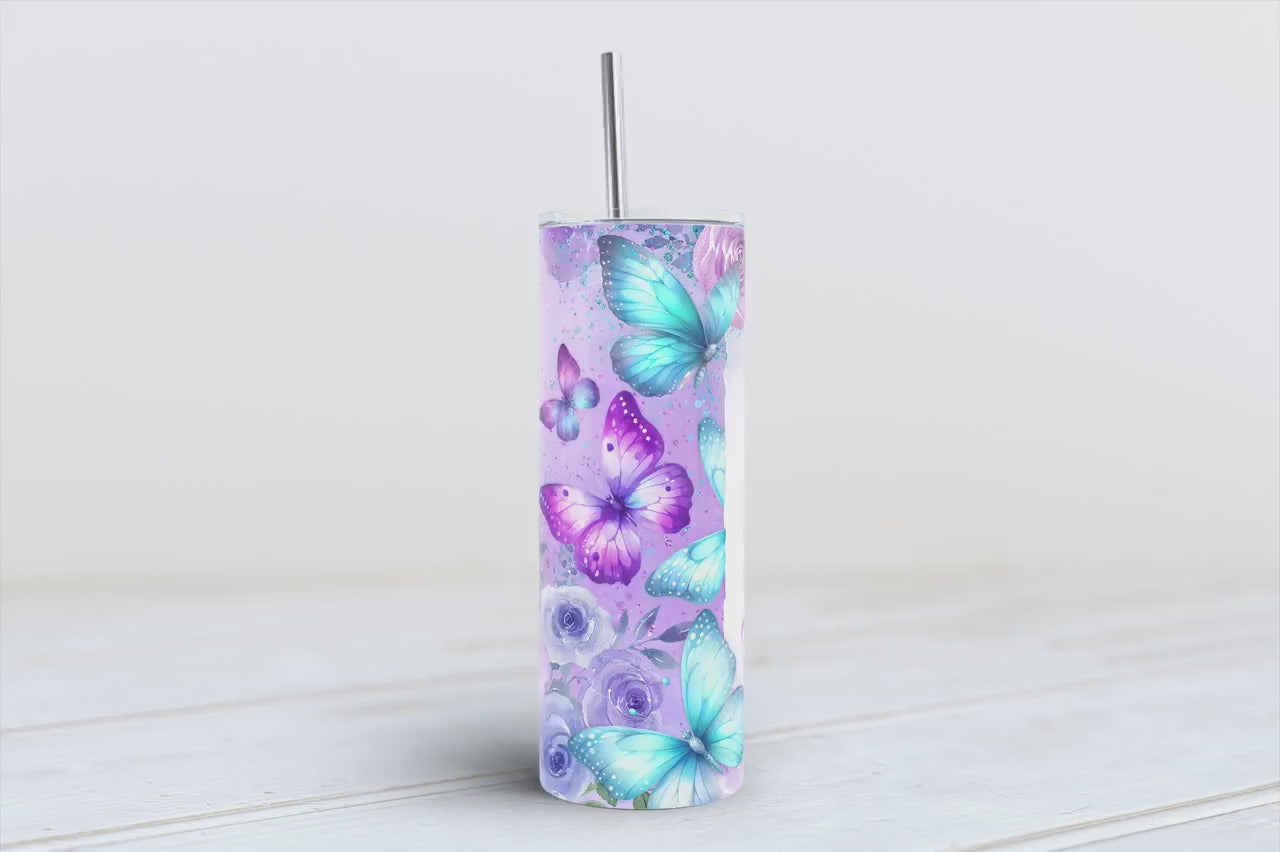 Personalized Butterfly Bliss 20oz Tumbler – Glittery Blue & Purple Skinny Cup with Name 💜🦋