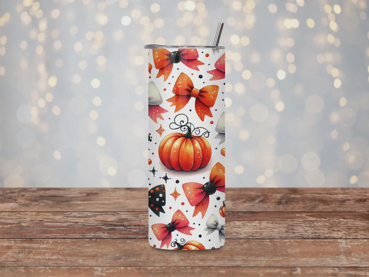 Coquette Halloween Skinny Tumbler – 20oz Pastel Pumpkin & Bow Insulated Cup