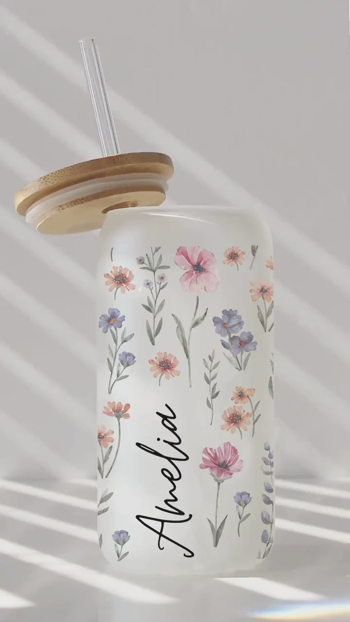 Personalized Wildflower Tumbler – 16oz Glass Cup with Bamboo Lid & Straw