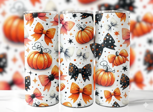 Coquette Halloween Skinny Tumbler – 20oz Pastel Pumpkin & Bow Insulated Cup